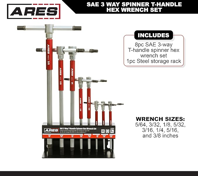 ARES 44002 ??8-Piece SAE 3-Way T-Handle Spinner Hex Allen Key Wrench Set