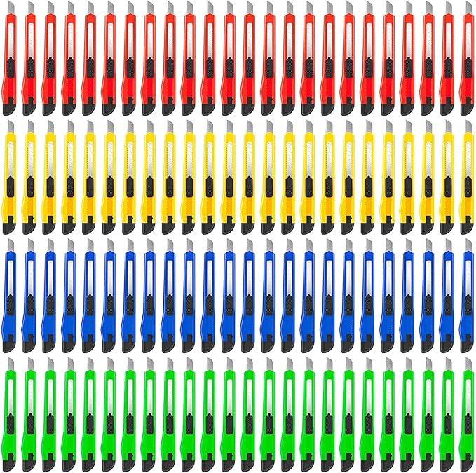 DIYSELF 96-Pack Box Cutters ??Premium Utility Knives for Home, Office, Warehouse ??Retractable Razor Blades for Cardboard, Boxes, and Cartons (4 Vibrant Colors)