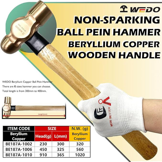 WEDO 3PCS Ball Pein Hammer,1/2lb+1lb+2lb Non-Sparking Ball Peen Hammer with Wooden Handle, Beryllium Copper,Non-Magnetic,Die-forged,Corrosion Resistant,BAM & FM Certificate,DIN Standard