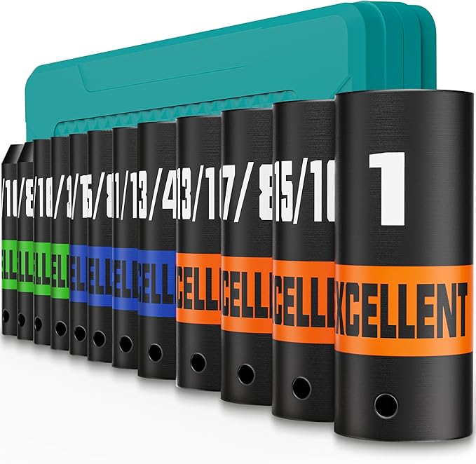 12 Pieces 3/8-Inch Drive Impact Socket Set, 5/16" to 1" Deep Socket, 6 Point SAE Sockets for Automotive Repair, Equipment Maintenance