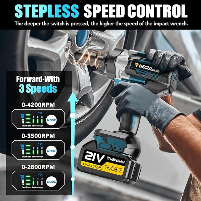 1/2" Cordless Impact Wrench, 1106Ft-lbs (1500N.m) Brushless Impact Gun, 2x4.0Ah Batteries, Max 4200RPM with Reverse Auto-Stop & LED Light for Car Truck Lug Nuts, Auto Repair, Industrial & DIY