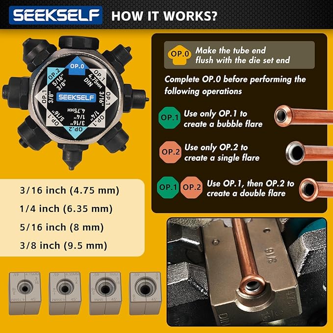 Professional Brake Line Flaring Tool Kit for 45 Degree Single, Double and Bubble Flares, 3/16", 1/4", 5/16", 3/8" and 4.75mm Steel Copper Metal Tubing, Black