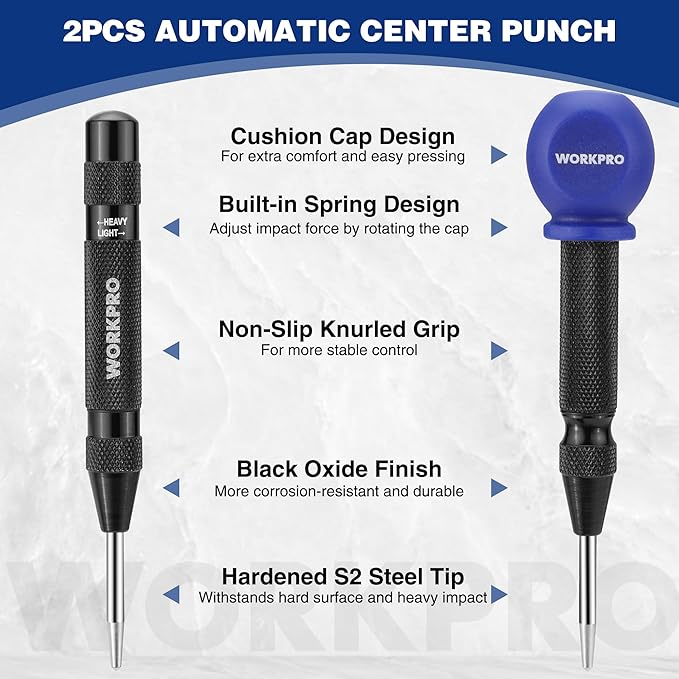 WORKPRO 2PCS Automatic Center Punch with an Extra Replacement Tip, Adjustable Spring Loaded Center Punch, Metal Punch Tool, Center Hole Punch for Wood, Metal, Plastic