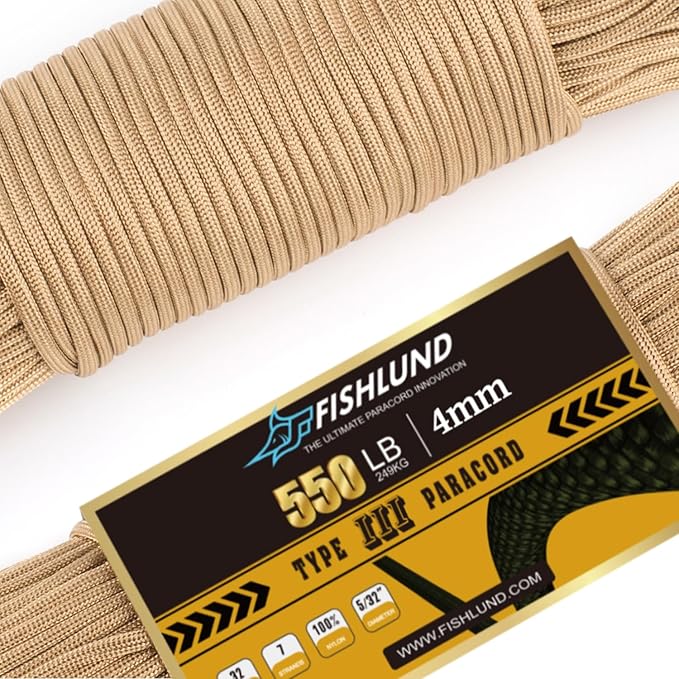 Paracord 550 lb, 7 Strand Paracord Rope 100ft 4mm, Nylon Parachute Cord for Camping, Desert Tan