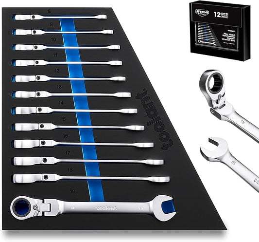 toolant 12pcs Metirc Ratcheting Wrench Set, Flex-Head Ratchet Combination Wrench Sets with Switch Design, 8-19mm, 90-Tooth and 4째 Swing, 12PCS with Storage Tray