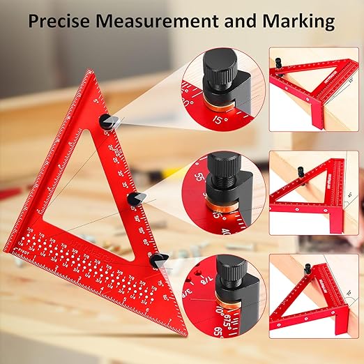 8 inch 3D Multi-Angle Measuring Square Ruler, WT103C High Precision Hole Scribing Woodworking Tools, 0-90째 Aluminum Alloy Carpenter Square with Stair Gauges, Carpenter Pencils 6 Refills.