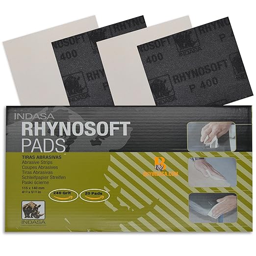 Indasa Rhynosoft Foam Sanding Pads - 4.5" x 5.5", Hook and Loop, 240 Grit, Plusline, Flexible, Tear-Resistant, Ideal for Automotive, Wood,& Finishing (Pack of 20 Pads)