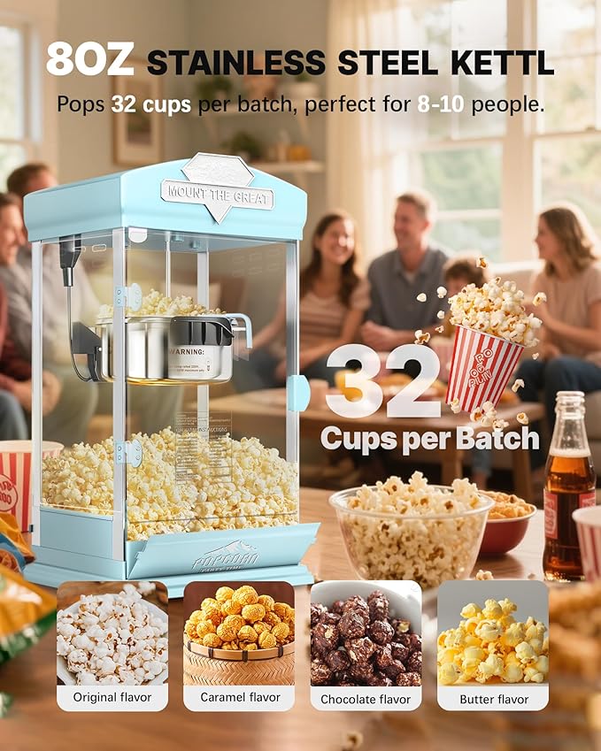 8 Oz Popcorn Machine, Tabletop Popcorn Maker, Countertop Pop Corn Machine Makes Up to 32 Cups, Movie Theater Popcorn Popper Machine with Stainless-Steel Kettle for Home Family, 300 W, Cyan