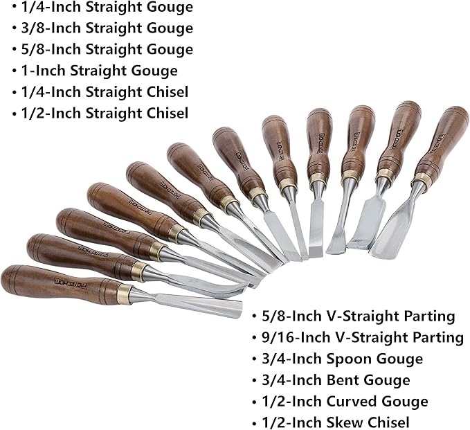 12-Pieces Woodworking Wood Carving Tools Chisel Set with Wooden Box, Razor Sharp CR-V 60 Steel Blades