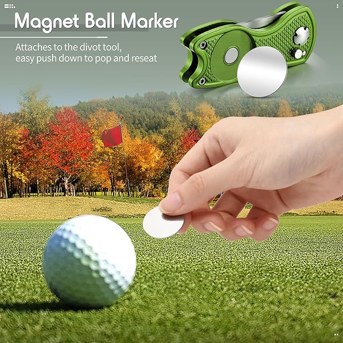 Skylety 4 Pcs Golf Divot Repair Tool Metal Foldable Golf Divot Tool with Magnetic Pop-up Button Ball Marker Stainless Steel Switchblade for Golfers Prizes