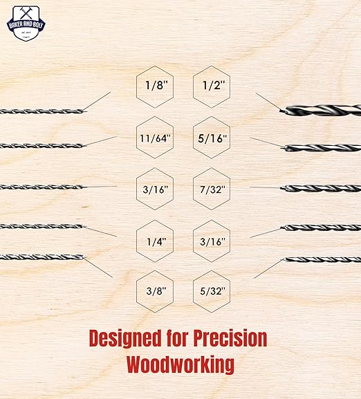 Baker and Bolt Extra Long 12" Brad Point Drill Bit Set for Wood High-Speed Steel Wood Drill Bits Set Titanium Coated Pack of 10 with Storage Sleeve (10 Pcs Brad Point 12" Long 1/8"-1/2")