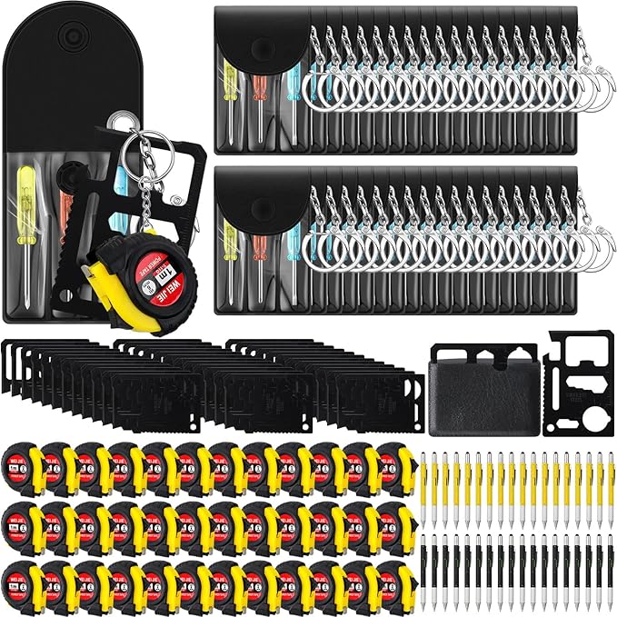 144 Pcs Mini Tape Screwdriver Keychain Set Valentine's Day Men Gifts Bulk Employee Appreciation Gift Bulk Multitool Pen Card for Adult Tool Party (Yellow,Black)