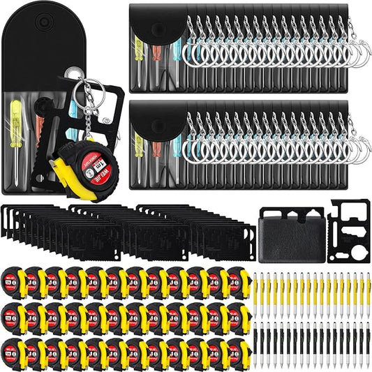 144 Pcs Mini Tape Screwdriver Keychain Set Valentine's Day Men Gifts Bulk Employee Appreciation Gift Bulk Multitool Pen Card for Adult Tool Party (Yellow,Black)