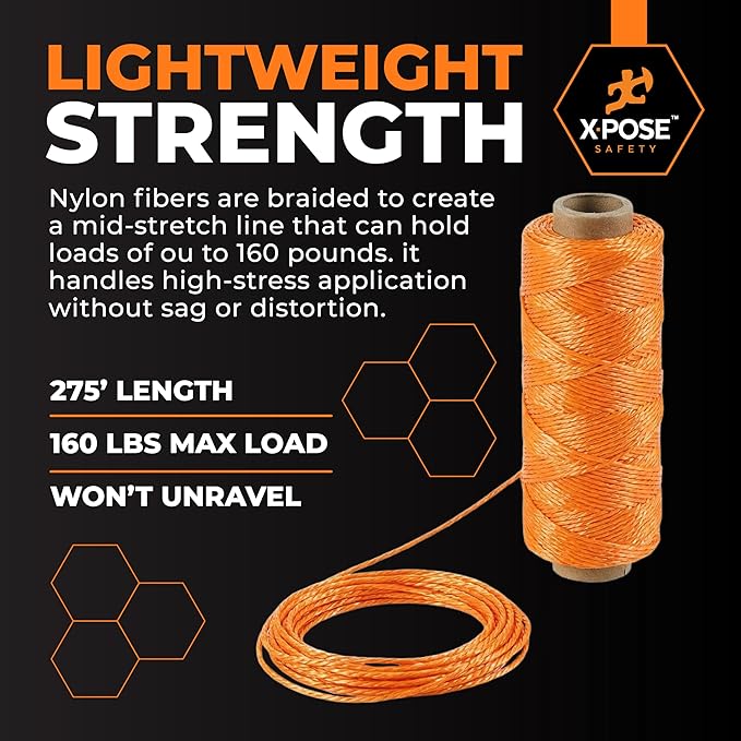 Xpose Safety Orange Mason Line String ??#18 Braided Nylon Twine ??275 Ft Durable Construction Line for Masonry Tools, String Level, Landscaping, and Gardening Pack of 6