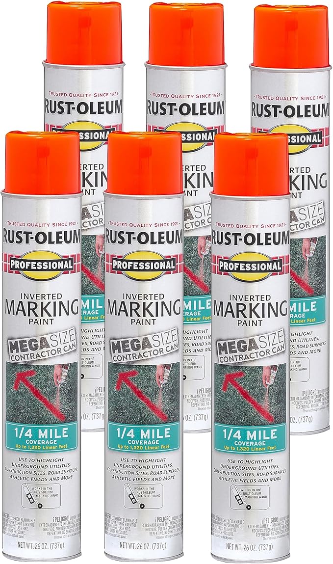 Rust-Oleum 350994-6PK Professional Mega Size Inverted Marking Quarter Mile Distance Spray Paint, 26 oz, Fluorescent Red-Orange, (Pack of 6)
