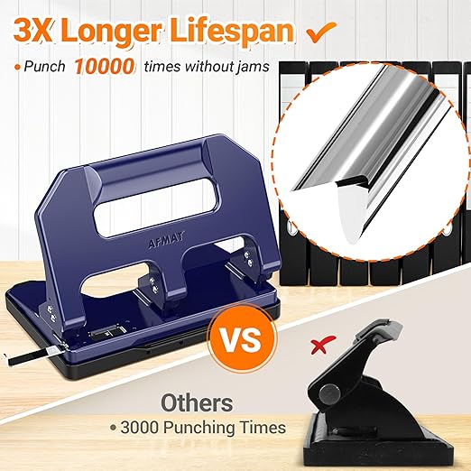 AFMAT Heavy Duty 3 Hole Punch, 3 Hole Puncher for Binder, 40-Sheet Three Hole Punch w/ 10000+ Uses, Metal Hole Puncher 3 Ring, 50% Reduced Effort, 9/32inch Hole, Bulit-in S.S. Paper Guide HPX1 (Blue)