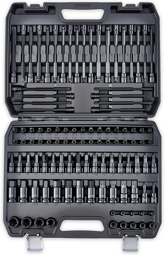 107-Piece Master Torx & Allen Bit Socket Set, S2 Steel, 1/4" 3/8" 1/2" Drive, Long Torx, Ball End Hex, Tamper-Resistant Star, E-Star Sockets, SAE & Metric (Phosphate-Black Set)