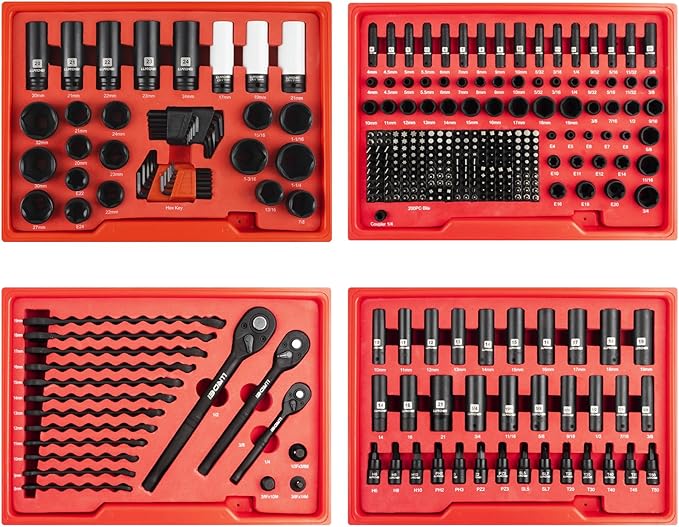 LLNDEI Mechanics Tool Set and Socket Set, 1/4" 3/8" 1/2" Drive Deep and Standard Sockets 12 Point, 390 Pcs SAE and Metric Mechanic Tool Kit with Bits, Combination Wrench