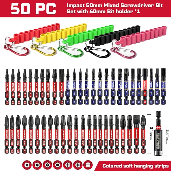 Impact Screwdriver Bits Set, 50 Pieces 2?쒶uliti Head Magnetic S2 Steel Driver Bits PH/SQ/Torx/Hex/PZ with Soft Hanging Strips