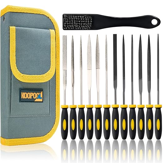 Needle Files Set, 13PCS with 6 Diamond File & 6 Steel Files, Cleaning Brush & Tool Bag for Jewlers Wood Metal Work DIY