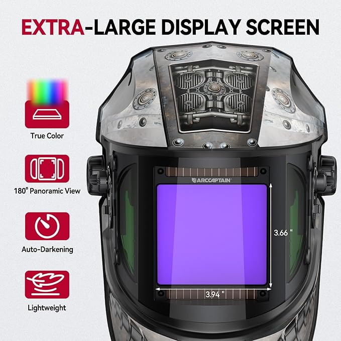 ARCCAPTAIN Auto Darkening Welding Helmet with Side View, 180째 Panoramic View, 1/1/1/1 True Color Large Viewing Welding Hood with 4 Arc Sensor Solar Powered, Wide Shade 4/5-9/9-13 for TIG MIG ARC CUT