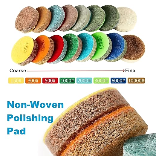 2inch 50mm Mini Non-Woven Polishing Pad, 8 Different Grit 150#-10000# Sanding Discs & M10 Thread Hook & Loop Backing Holder for Detail Fine Grinding Buffing (9Pcs/Set)