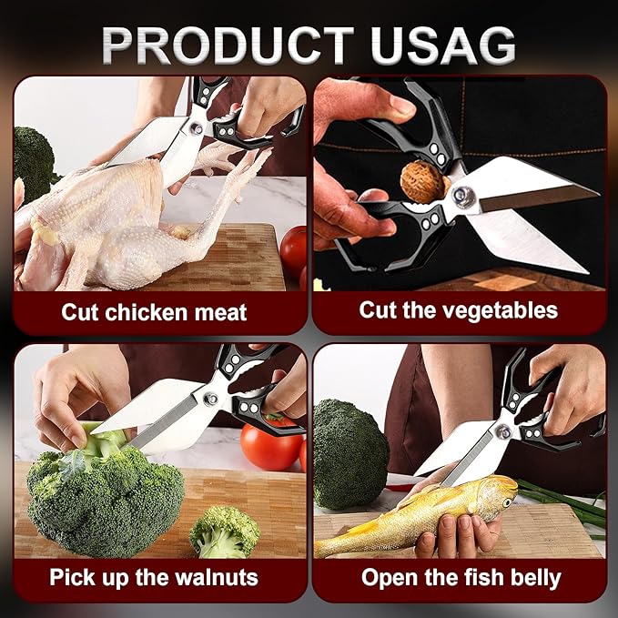 Kitchen Scissors for Food Heavy Duty Poultry Shears Built-In Nutcracker, Japanese High-Carbon Steel Culinary Shears with Ergonomic Handle, All Purpose Kitchen Tool for Chicken, Meat & Seafood (Black)