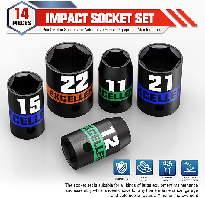 14 Pieces 1/2-Inch Drive Impact Socket Set, 11-32mm Shallow Socket, 6 Point Metric Sockets for Automotive Repair, Equipment Maintenance