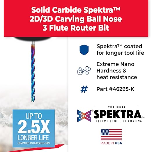 Amana Tool 46295-K CNC Spektra Extreme Tool Life Coated SC 2D and 3D Carving 0.10 Deg Tapered Angle Ball Nose x 1/8 D x 1/16 R x 1-1/2 CH x 1/8 SHK x 3 Inch Long x 3 Flute Router Bit