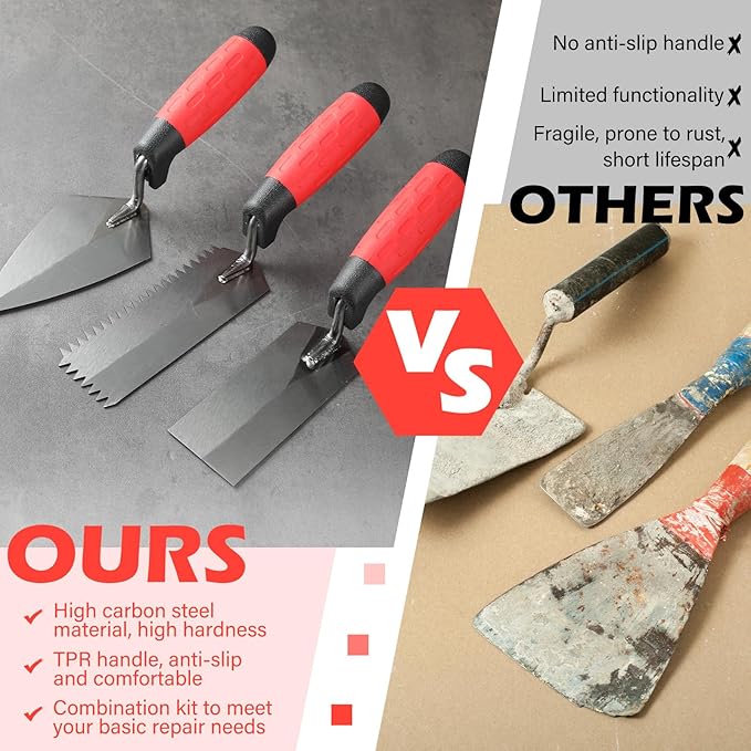 3 Pcs Masonry Tools Set High Carbon Steel 6'' V Notched Flooring Trowels, 5.5'' Pointing and 5'' Margin Trowel with Soft Handle Grip Bricklaying Hand Tool for Concrete Cement Plaster Tile Construction
