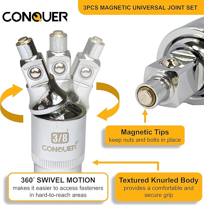 CONQUER Magnetic 2-Stage Universal Joint Socket Extension Set ??1/4", 3/8" & 1/2" Drive CR-MO Steel Adapters with Swivel & Fixed Positions, Magnetic Tip for Automotive, Mechanic & DIY Repairs