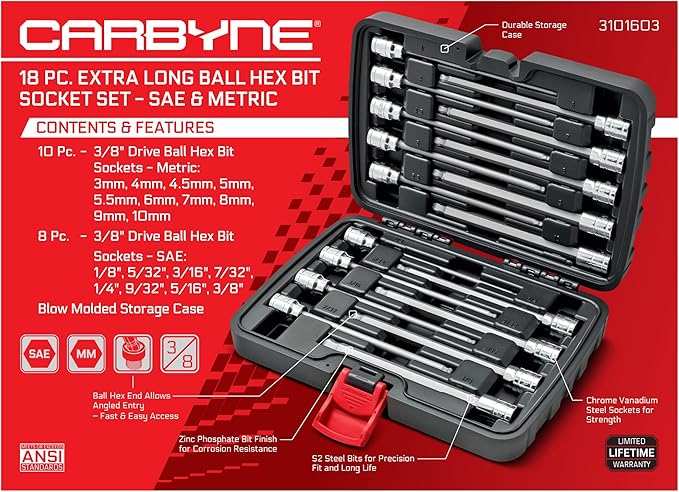 CARBYNE 18-Piece Extra Long Hex (Allen) Bit Socket Set, Ball End | SAE & Metric, S2 Steel Bits, CrV Sockets, Corrosion Resistance, Durable Storage Case | 1/8''-3/8'' SAE / 3mm-10mm Metric, 3/8" Dr.