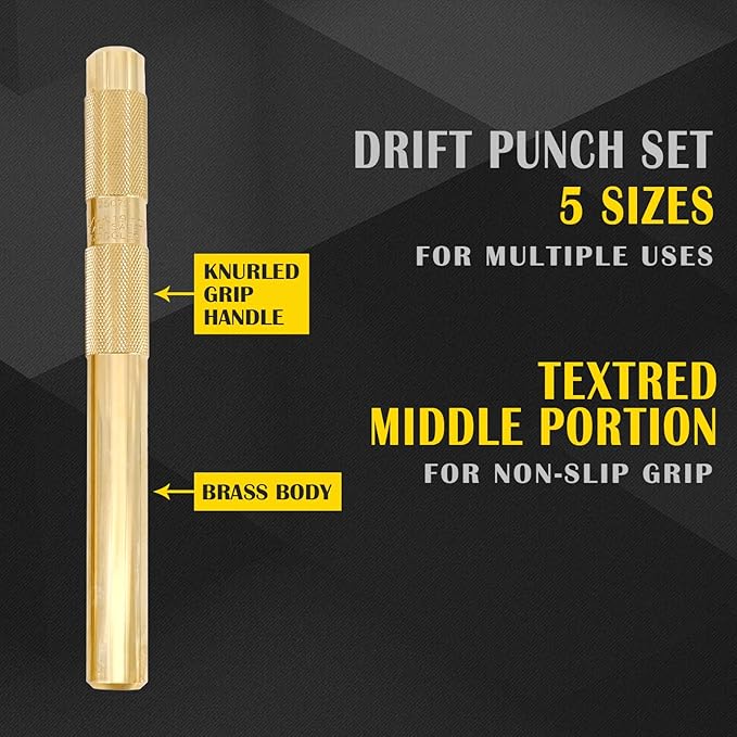 5 Brass Drift Punch Set, Hand Tool Punches Tools for Home use 1/4-Inch 3/8-Inch 1/2-Inch 5/8-Inch 3/4-Inch 1/4'' 3/8'' 1/2'' 5/8'' 3/4'' 5 Pc. Replace 67003-MAI 045256670034