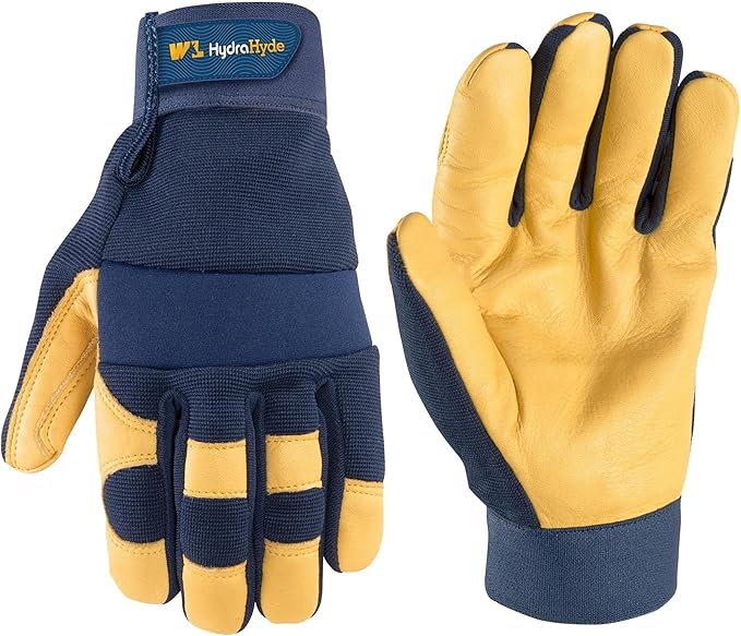 Wells Lamont Men's Leather Palm Work Gloves ??HydraHyde Water-Resistant Leather, Flexible Spandex Back, Adjustable Closure ??Ideal for Construction, Landscaping, DIY Projects ??Blue, Large (3207L)