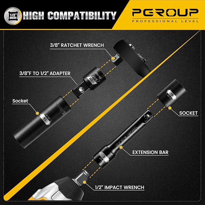 45PCS 1/2??Drive Metric Impact Socket Set, pgroup Deep & Shallow Socket Set with Extension Bars, Adapter and Universal Joint, Size 9-32mm, 6-Point Design, Chrome Vanadium Steel, Includes Storage Case
