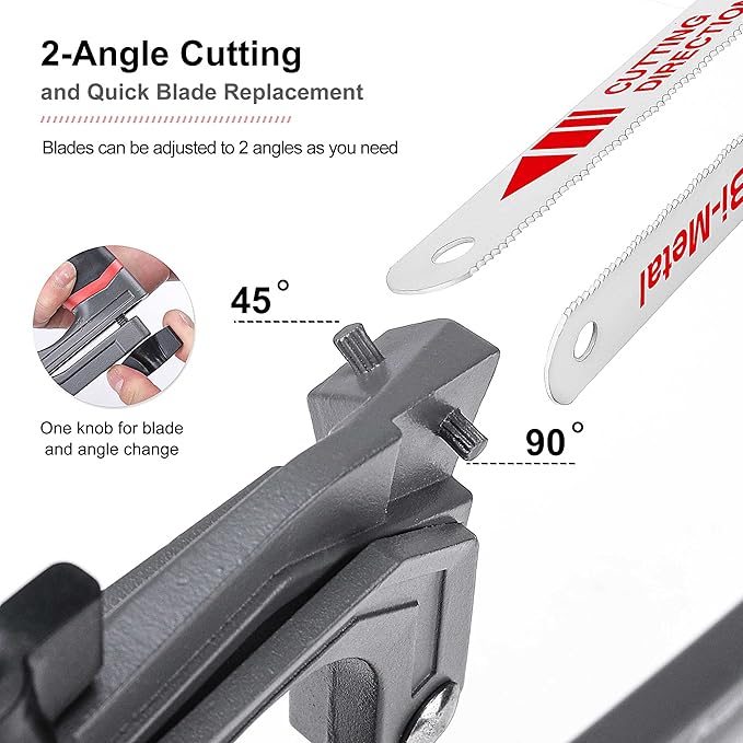 HAUTMEC 12-Inch Heavy Duty Hacksaw with High-Tension Solid Aluminium Frame, 45°/90° Dual Cutting Angles, Quick Blade Change,24 TPI Bi-Metal Blade for Heavy-Duty Cutting – HT0146