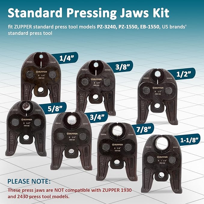 ZUPPER 7PCS Press Jaws Kit 1/4" to 1 1/8" for RLS ACR Copper Pipes Compatible with Standard Press Tools (32 kN/ 7,200 lbs) Suitable for HVAC/R, Refrigeration Hydraulic Pressing Tools