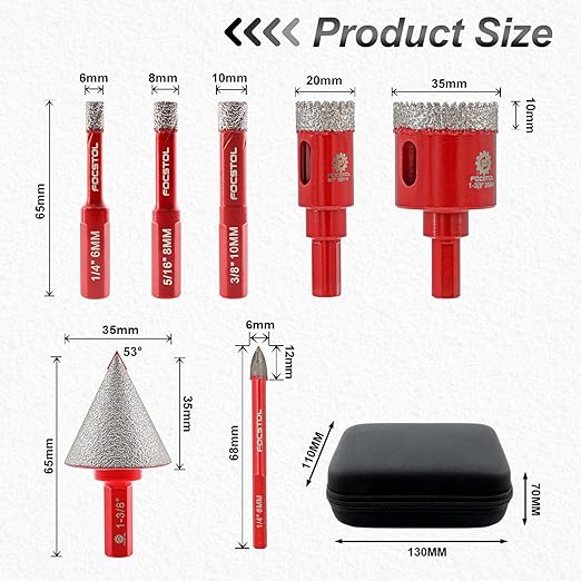 FOCSTOL Diamond Core Drill Bit Set - 7pcs (6/8/10/20/35mm+35mm Beveling Chamfer Bit+6mm Carbide Drill Bit) Diamond Hole Saw Kit for Porcelain Ceramic Tile Marble Granite