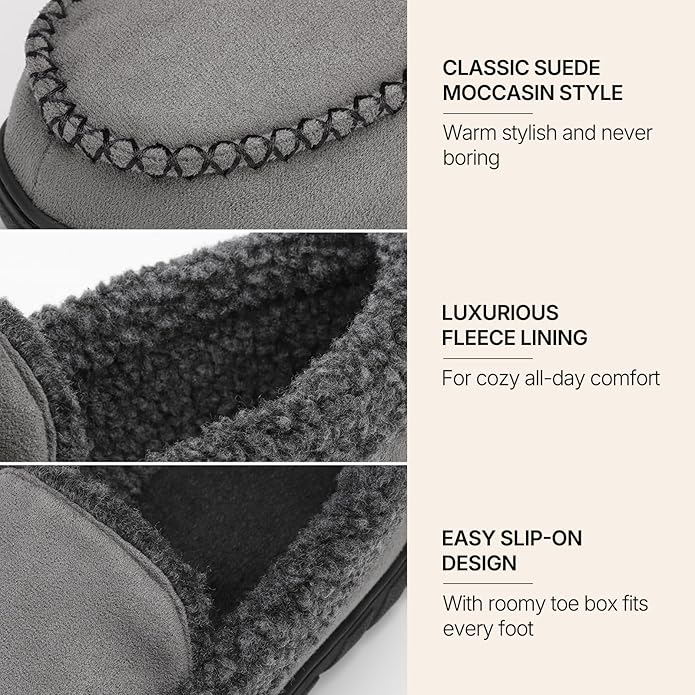 ATHMILE Men's Moccasin House Slippers, Memory Foam Arch Support, Plush Fuzzy Lining, Non-Slip Rubber Sole for Indoor/Outdoor Winter Comfort