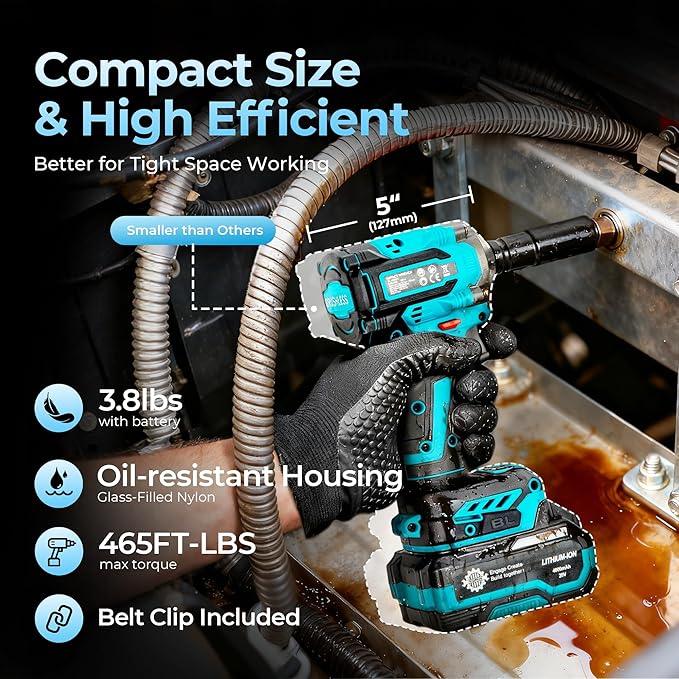 1/2" Cordless Impact Wrench Kit, Impact Gun 3-Mode Speed with 4.0Ah Battery and Fast Charger, 20V High Torque 465Ft-lbs (630N.m), Brushless 2500RPM Power Electric Impact Wrench with LED Light for Car