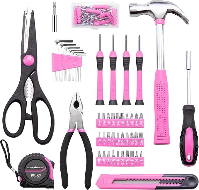 CARTMAN 126-Piece Home Tool Set Kit, Basic Household Hand Tools with Storage Case Pink