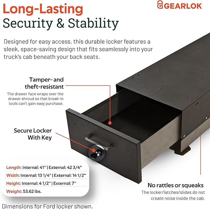 GearLok UnderSeat Truck Locker ??Secure Under Seat Storage for Ford F-Series Crew Cab Trucks ??Lockable Truck Organizers and Storage for Tools, Ammo and Equipment (Fits 41"x13"x4.5" Interior)
