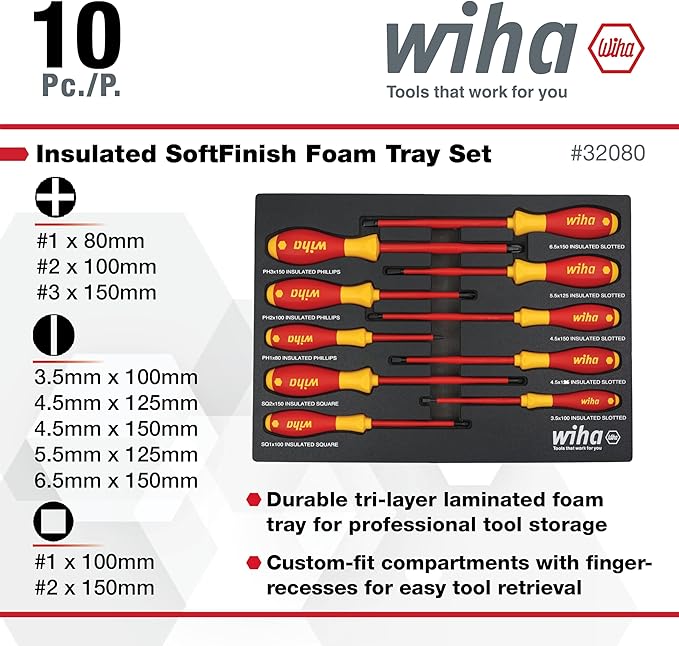 Wiha 32080 10 Piece Insulated SoftFinish Cushion Grip Screwdriver Tray Set