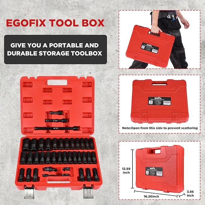 1/2??Drive Impact Deep Socket Set, 39 Pieces Metric(8-24mm)/SAE(5/16 to 1-1/4), CR-V Steel Tool Set with 3?? 5?? 10??Extension Bar, Adapters