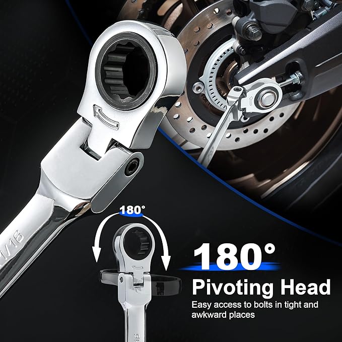 Prostormer 14-Piece SAE Flex-Head Ratcheting Wrench Set, 1/4" to 1" Combination Wrench Kit with Storage Case, 72 Tooth, Cr-V Steel Constructed