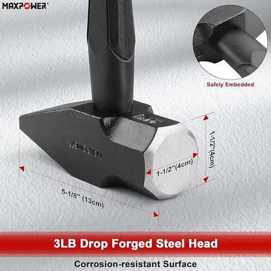 MAXPOWER 3LB Cross Pein Hammer, with 12-7/8" Fiberglass Handle, Drop Forged Steel Head