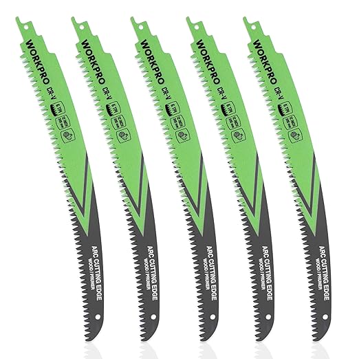 WORKPRO 12" Japanese Teeth Wood Pruning Reciprocating Saw Blades Set, Arc Cutting Edge 6TPI Pruning Saw Blades for Tree Pruning, Wood Cutting, Durable & Sharp, 5 Pack