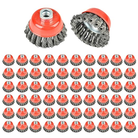 60 Piece 3 inch Wire Wheel Brush Cup Brush Twisted Knotted Cup Brush for Grinders,5/8"-11 Threaded Arbor for Angle Grinder,Max RPM 12,500,0.020in Carbon Steel for Rust Removal,Abrasives