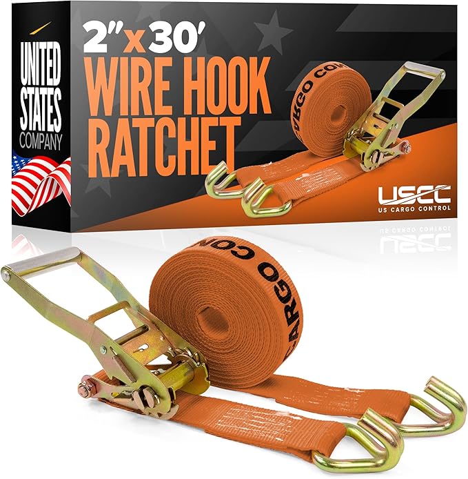 US Cargo Control Wire Hook Ratchet Strap 2 Inch x 30 Foot, 10,000 LBS Break Strength, Ratchet Straps Heavy Duty with Double J Hooks, Orange Cargo Tie Downs for Flatbed Trailers and Trucks