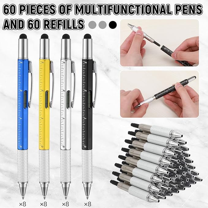 Yeaqee 60 Pcs Stocking Stuffers Bulk Gifts for Men 6 in 1 Party Favor Father's Christmas White Elephant Gifts Multi Tool Pens with Ruler, Level Gauge for Adult (Novel Color)